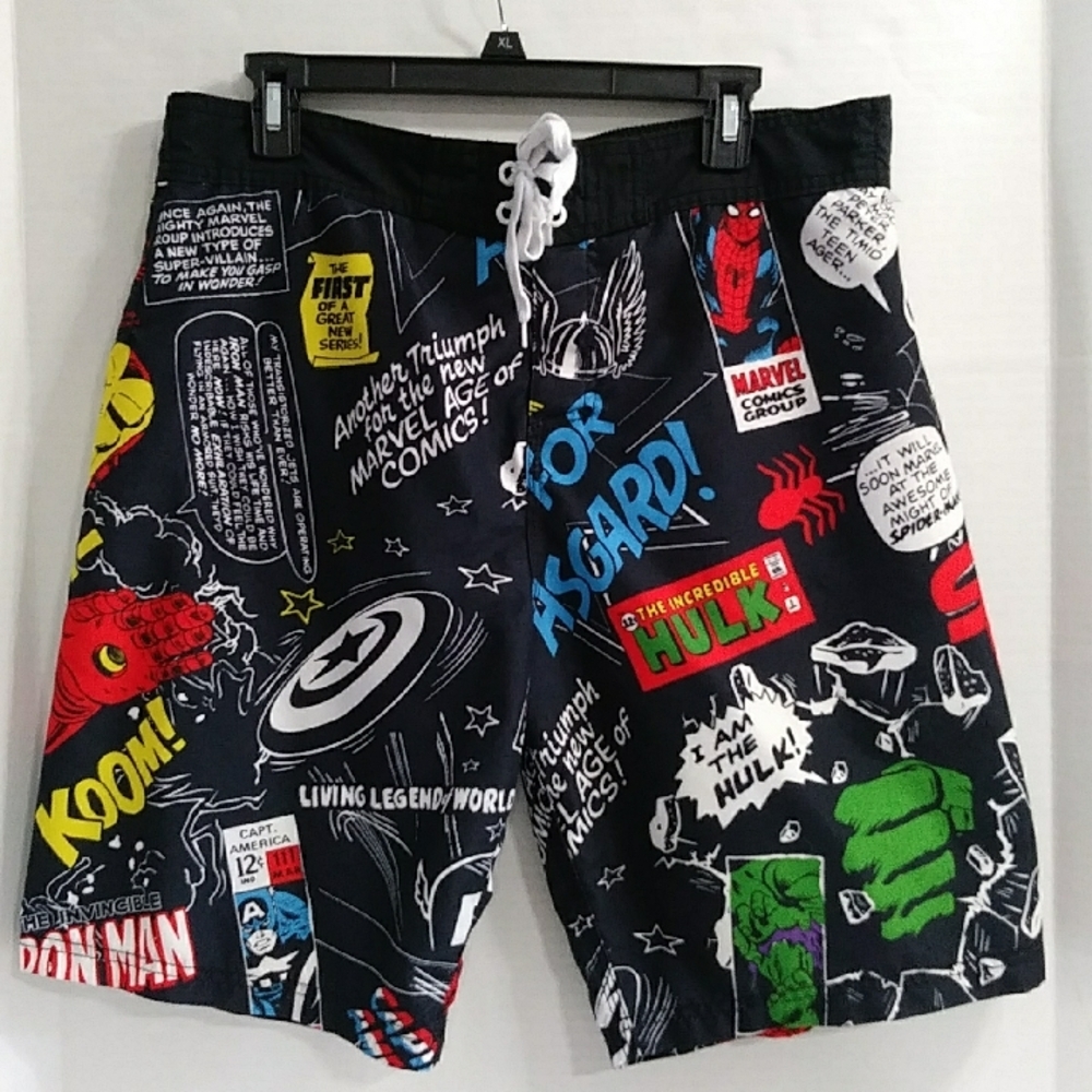 Marvel Board Shorts Men's Size L Swim Trunk Black Comic Strip SpiderMan Thor EUC